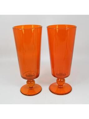 Mid Century Orange Glass Water Goblet Bubble Knob Stem 7" Set of 2 Vintage B